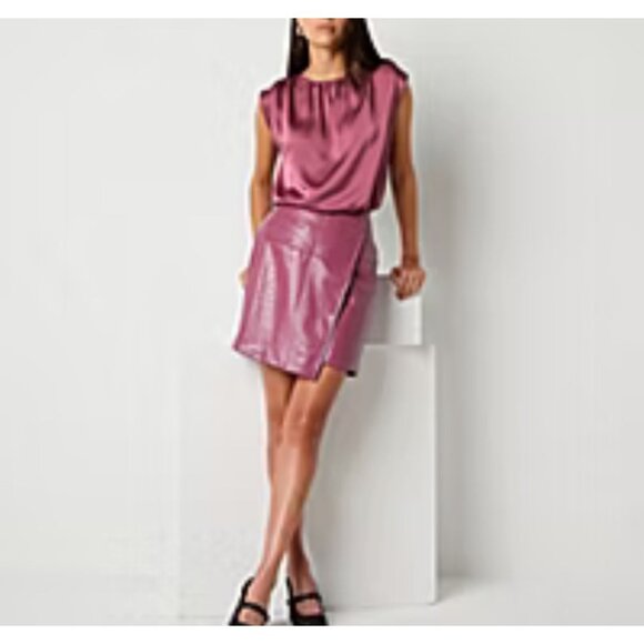 NWT-Worthington Womens Faux Croc Leather Bomber Jacket & mini Skirt Set Pink - Picture 5 of 16